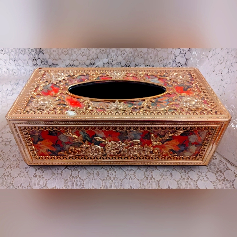 Ornate Tissue Box, Designs Floral Gold Raised and Background